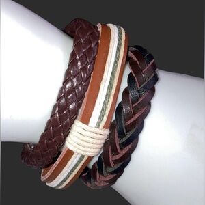 3 Pc Unisex Men Women Braided Weave Faux Leather Layered Stackable Bracelet NWOT